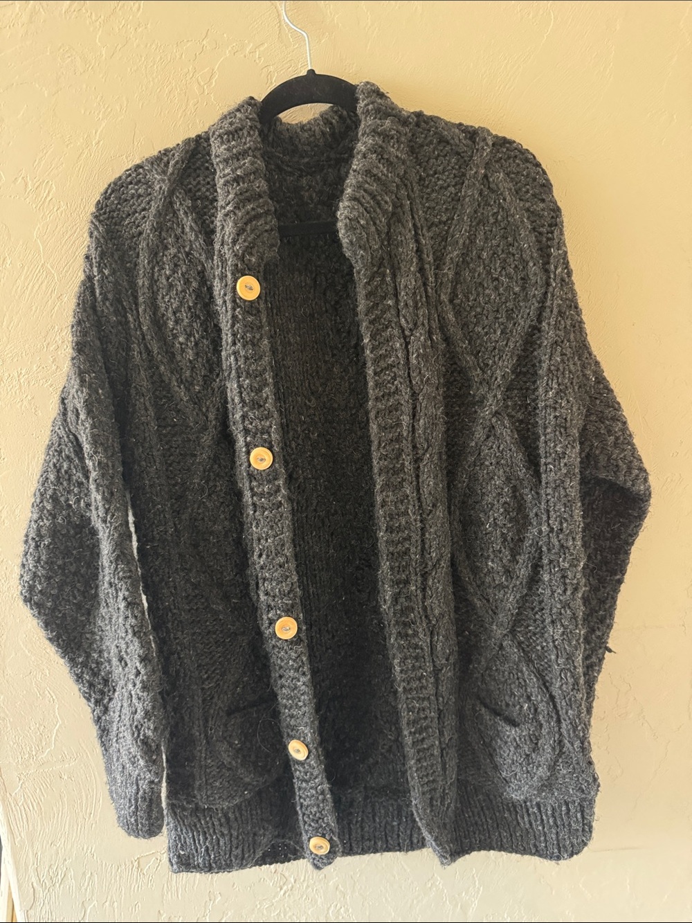 Men's Wool Charcoal Cable Knit Button-Front Sweater Cardigan